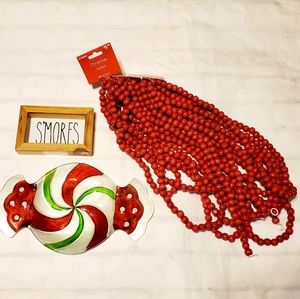 Christmas Decor Bundle wooden beads, glass candy dish and picture.